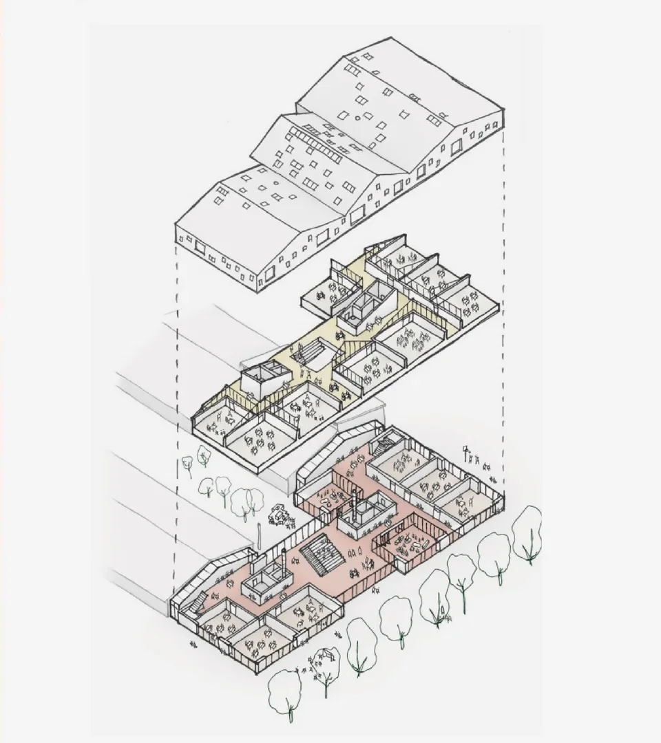 Blovstrød Skole, tegning: AART